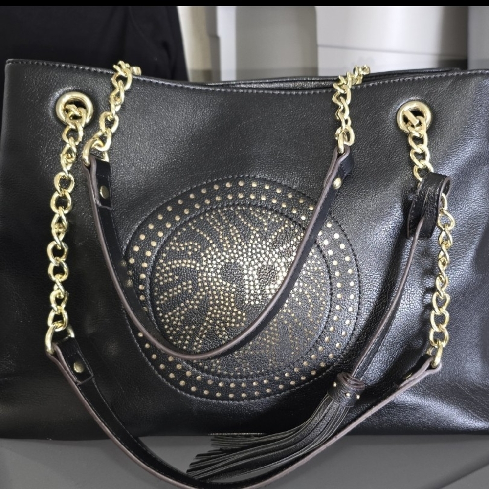 Anne Klein Black and Gold Shoulder Bag with Chain Strap